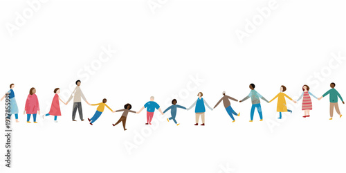A diverse group of people holding hands in a connected line