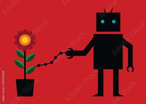 A black rectangular robot with blue eyes holds a thorny potted flower with a segmented arm against a red background.