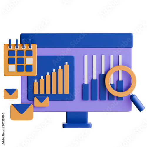 3D business analytics dashboard with calendar and email icons, representing data analysis and planning for strategic growth and efficiency