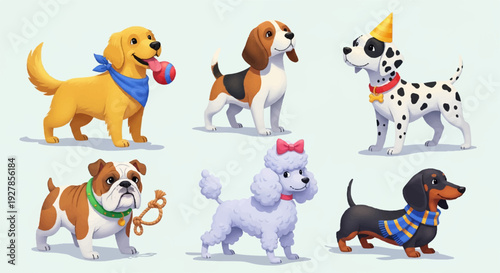 Collection of seven cute cartoon dogs in various breeds and colors standing on a light background