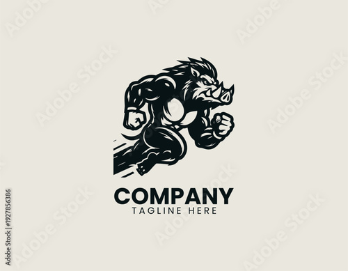 Muscular wild boar running with clenched fists black vector logo illustration