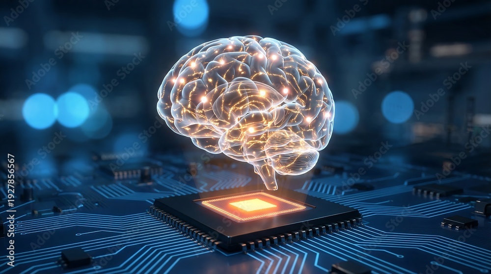 Obraz premium A brightly glowing holographic human brain rests upon a computer microchip, symbolizing artificial intelligence, technological innovation, and digital consciousness.