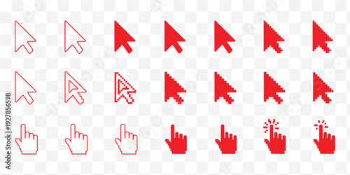 Red Cursor Icons Mouse Pointer, Hand Click and Pixel Styles for UI UX Design
