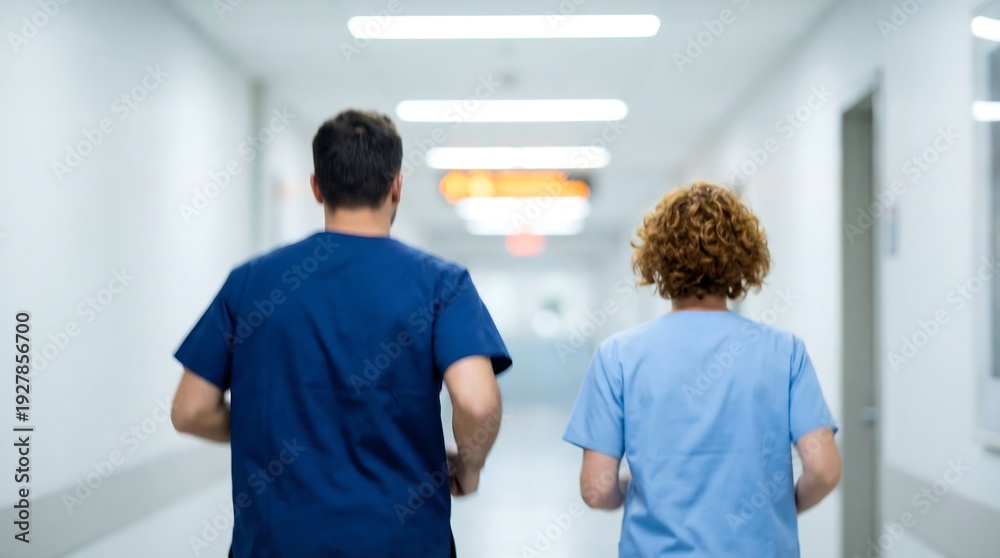 Obraz premium Two medical professionals, a man and a woman in scrubs, are quickly running down a brightly lit hospital corridor, responding to an emergency situation.