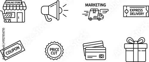 A set of eight simple black and white outline icons representing essential e-commerce and online shopping concepts for digital design projects.