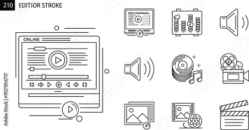 Collection of thin line media playback icons featuring tablet video controls music vinyl camera and editing tools