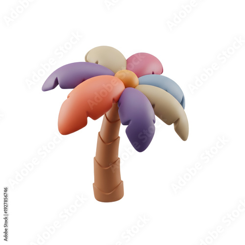 Whimsical 3D Palm Tree Illustration with Colorful Fronds on White Background