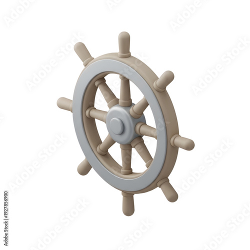 3D model of a ship's steering wheel, isolated on a white background, symbolizing control and direction in maritime adventures and navigation