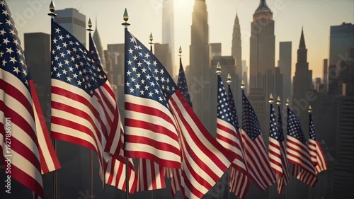 A row of American flags against the backdrop of the New York City skyline