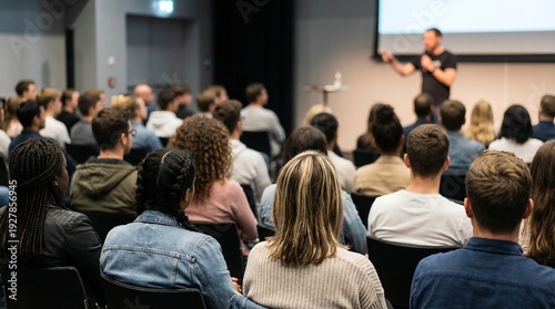 A male speaker engages an audience from a stage with a bright screen, delivering a presentation at a large conference or seminar event.