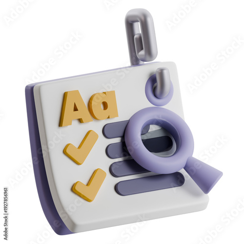 3D illustration of a clipboard with a checklist and a magnifying glass, symbolizing education, research, and task completion
