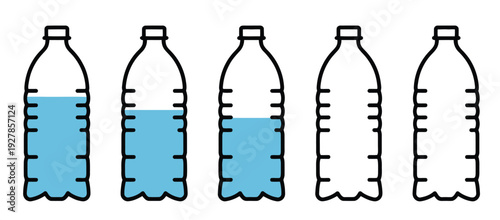 Simple plastic water bottle icon set, featuring different water levels, vector illustrations, and beverage container symbols for UI and infographic design.