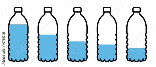 Simple plastic water bottle icon set, showcasing varying water levels in clean vector style for hydration, health, and drink-related design projects.