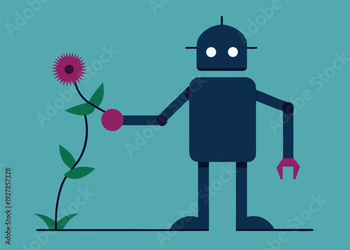 A dark blue robot with white eyes and a pincer hand holds a thorny purple flower against a teal background.