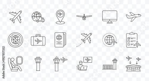 Air Travel and Airport Line Icons Set Flight, Aviation, Global Transportation, Tourism and Luggage Vectors