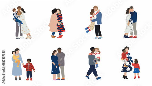 Diverse couples and families embracing in a minimalist flat vector style