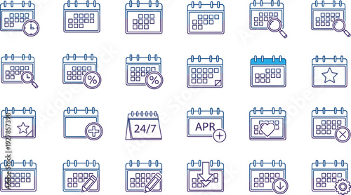 Outline Calendar and Scheduling Icon Set Featuring Dates, Events, Deadlines, Reminders, Planning, and Time Management Symbols for Web, App, and UI Design