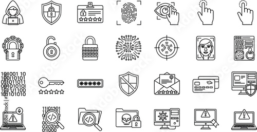 Outline Cybersecurity and Data Protection Icon Set Featuring Privacy, Encryption, Authentication, Network Security, and Digital Safety Symbols for Web, App, and UI Design