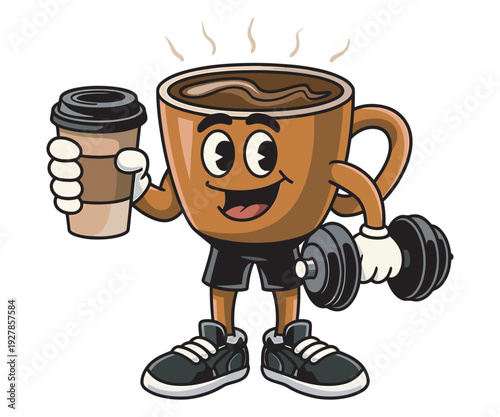Cartoon coffee cup character exercising with dumbbell and holding take away cup