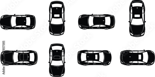 Car top view silhouette set isolated on white background detailed vehicle vector illustration showing different angles for automotive design and transport projects