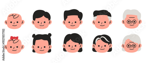 Cute flat vector avatar set featuring baby, child, adult, and elderly faces in a clean minimal style. Perfect for family concept, generation diversity, user profiles, apps, educational materials, post