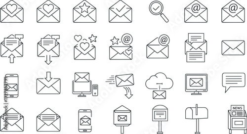 Outline Email and Messaging Icon Set Featuring Inbox, Notification, Newsletter, Cloud Mail, and Communication Symbols for Web, App, and UI Design