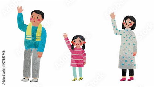 Family of three waving cheerfully in a colorful illustrated style