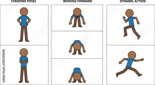 Cartoon character pose reference sheet featuring standing, bending forward and dynamic action movements, simple flat vector illustration for animation and drawing practice