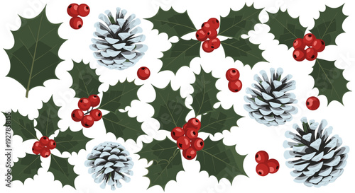 Festive winter holiday composition with natural elements like holly berries pine cones and green leaves on a white background
