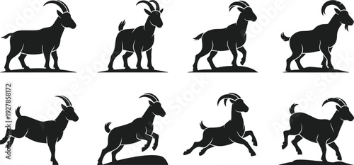 Goat and ibex silhouette collection, mountain animal climbing and jumping poses, livestock farm graphics, cad drawing flat vector illustration, black horned animal shapes.
