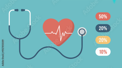 Red Heart with Stethoscope and Health Statistics on Blue Background