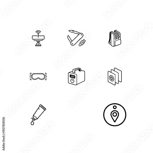 Modern nomad gear and travel technology linear icon set, solar powered backpack, portable water filter and digital nomad essentials vector symbols