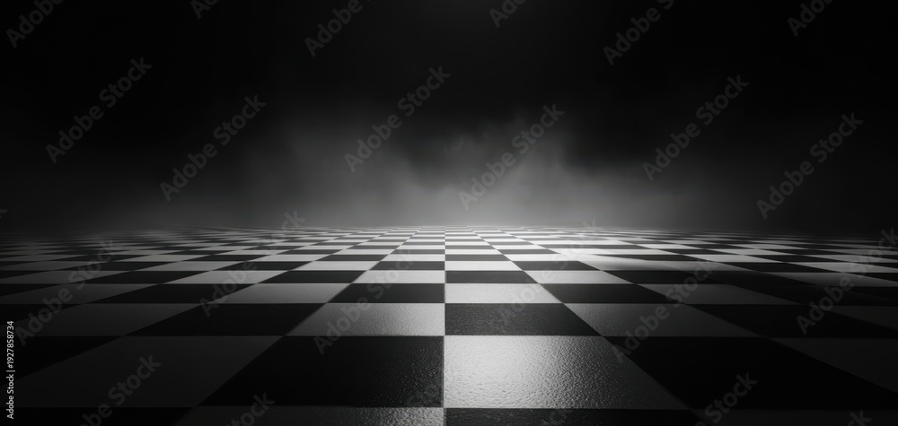 Naklejka premium The checkerboard floor stretches into a foggy horizon with dramatic studio lighting