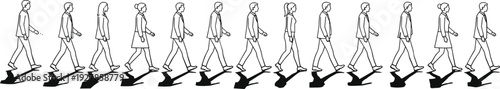 Continuous walking woman sequence illustration with shadow, step by step motion cycle, side view female character animation frames isolated on light background