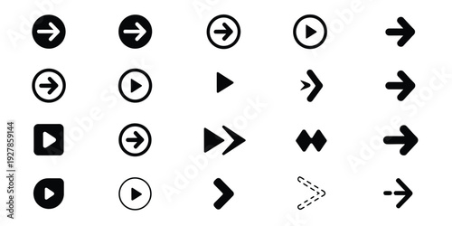 Swipe right arrow icon set, showcasing black arrow icons, directional symbols, and cursor arrow variations for web, app, and interface design projects.