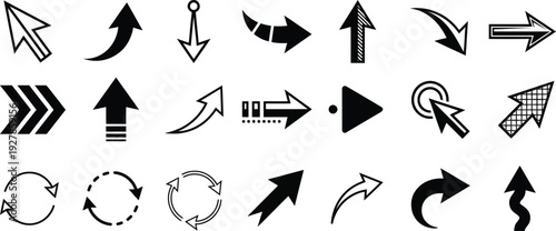Assorted black arrows pointers and cursor icons on transparent background for interface and navigation design