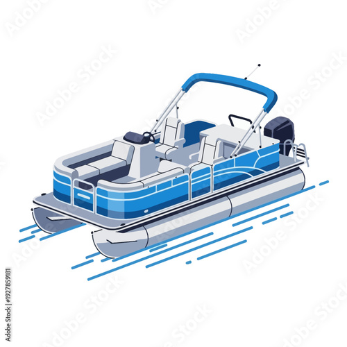 Blue pontoon boat illustration with seating canopy and outboard motor on white background