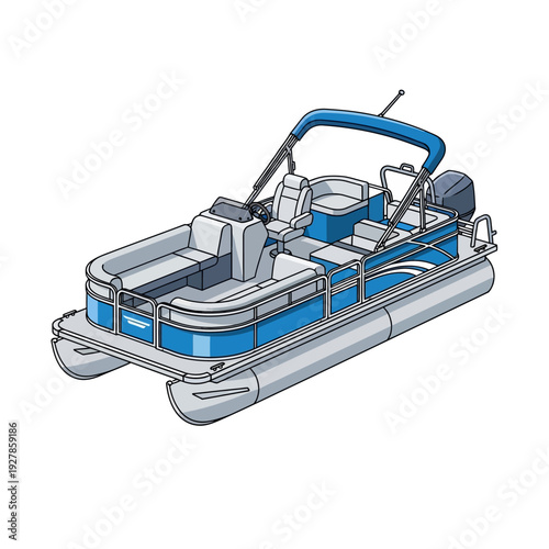 A detailed illustration depicts a blue and gray pontoon boat with seating and a motor