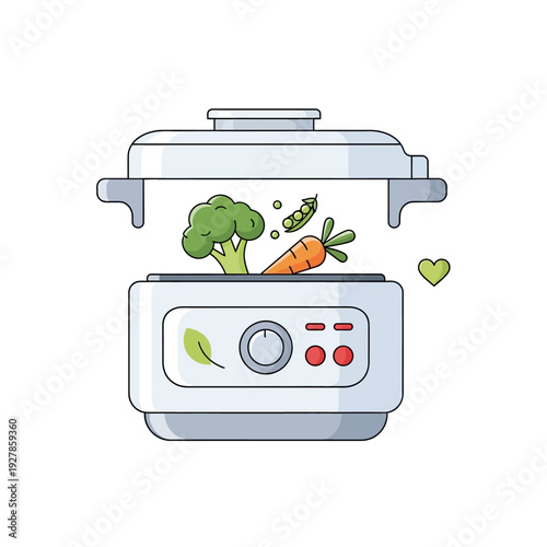Steamer appliance with broccoli peas carrot and heart a healthy cooking illustration