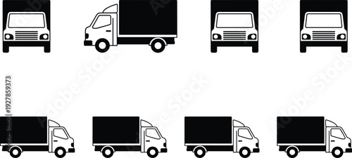 Delivery truck icon set in multiple views, front and side cargo vehicle silhouettes, flat black logistics transport illustration isolated on light background