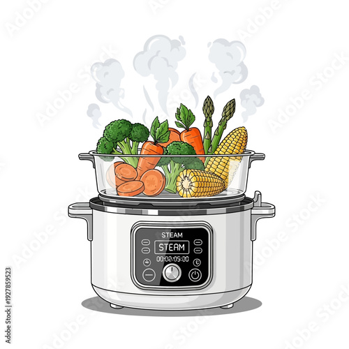 Steaming vegetables in a modern electric steamer appliance with digital display