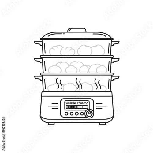 Line art illustration of a steaming pot with visible steam and digital control panel
