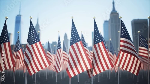 A row of American flags against the backdrop of the New York City skyline