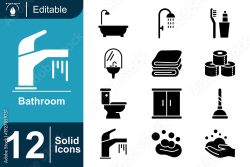 Vector Set of 12 Solid Bathroom Icons Essential Elements for Your Home and Hygiene Needs, Including Faucet, Toilet, Bathtub, and Soap