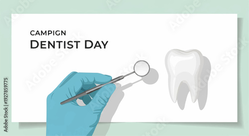 Dentist day campaign with dental tool and tooth on white background blue glove medical concept