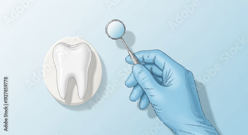 Dentist's gloved hand holding dental mirror beside a model tooth on a clean blue background symbolizing dental care and oral hygiene