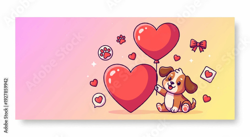 Cute brown puppy surrounded by floating red hearts and butterflies on pink background sweet valentine's day scene