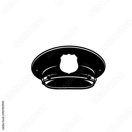 Black and white illustration of a classic police officer s hat with a badge emblem