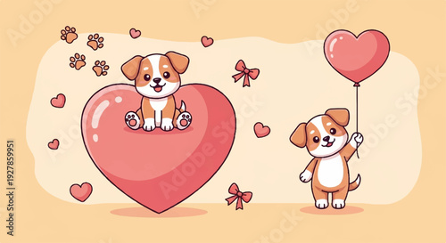 Two cute brown and white puppies playing with heart shaped balloon and sitting on big red heart