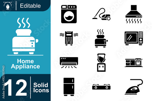 Collection of 12 editable solid icons representing various home appliances, suitable for graphic design and web projects illustrating household equipment and technology